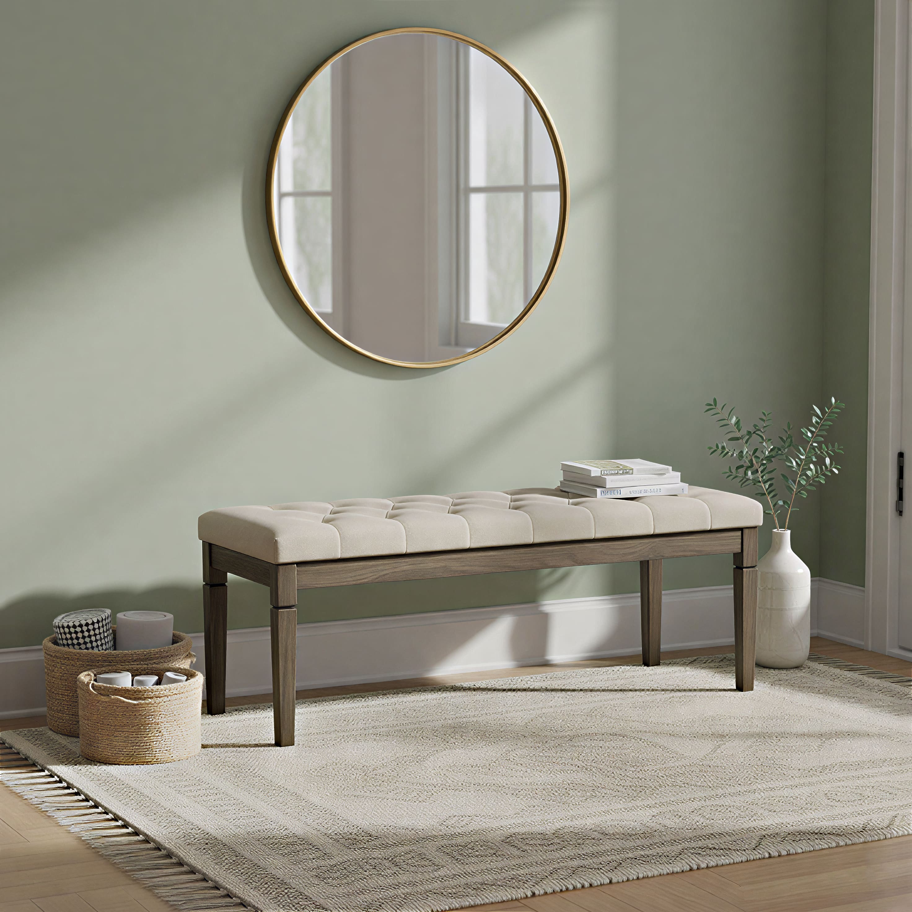 Simpli Home - Waverly 48 inch Wide Solid Wood Rectangular Tufted Upholstered Ottoman Bench - Wheat Beige