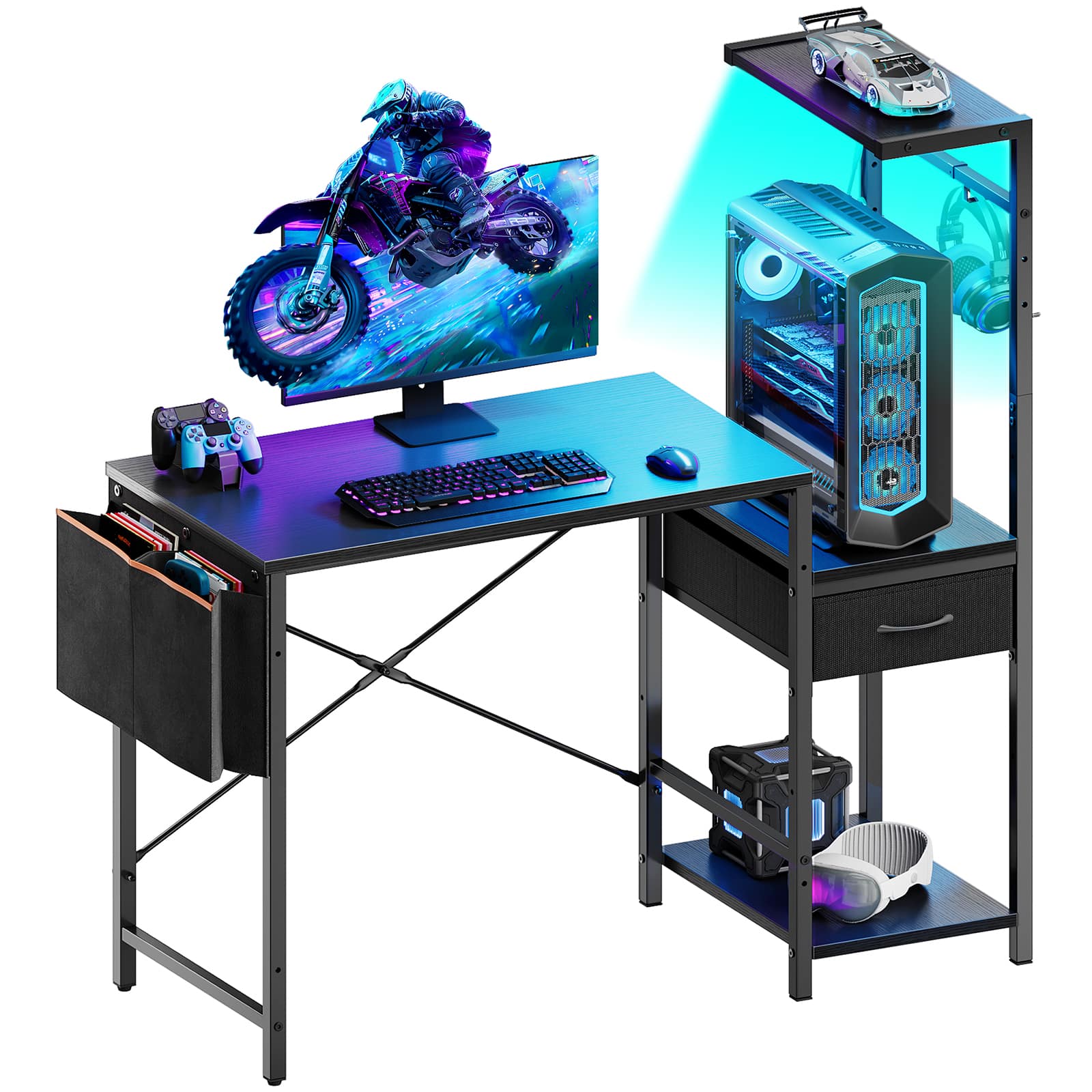 Bestier - Reversible Gaming Desk with Vibrant LED Strip, Elevated CPU Stand, Fabric Side Storage Pocket - Black Grained
