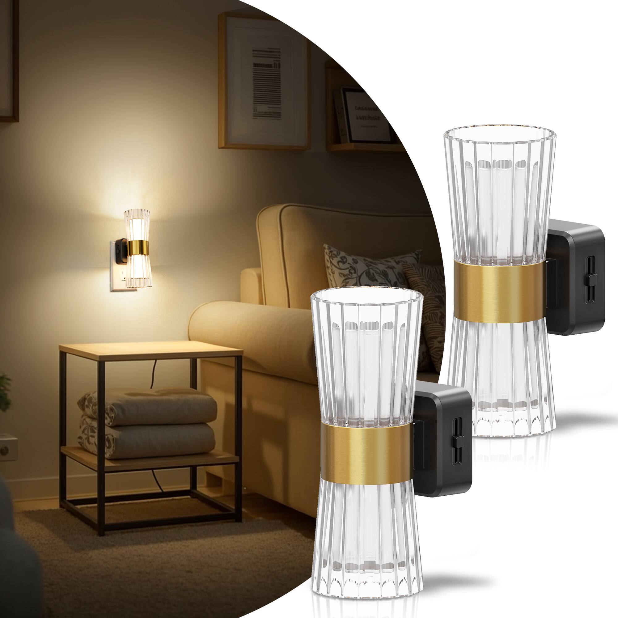 Angle. Jandcase - JANDCASE 2-Pack 1W  Plug-in Night Light, 3000K Warm Glow, Transparent Cylinder with Frosted Inner Shade,Up/Down Light - Black and Gold.