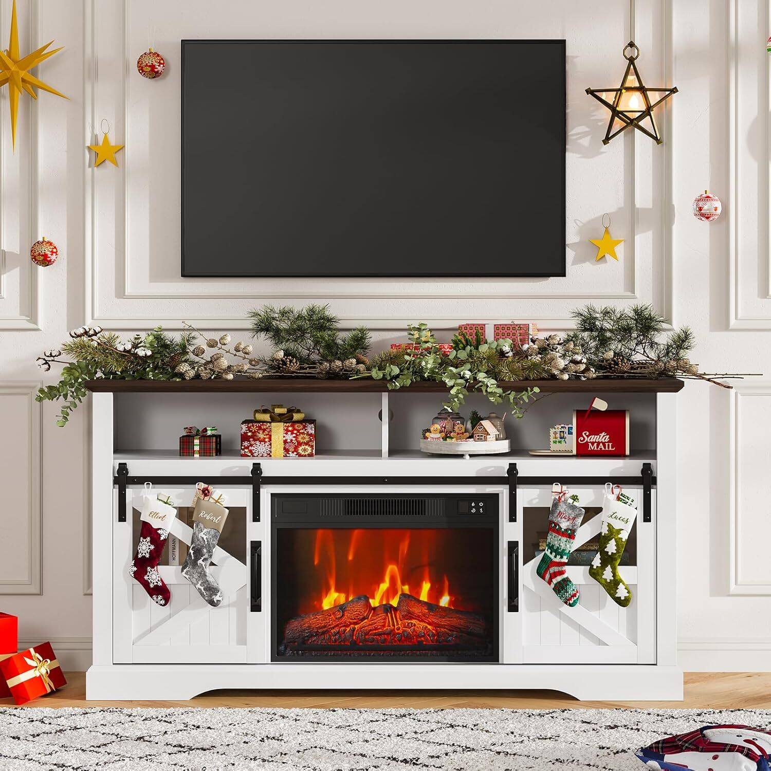 Qeetex - Farmhouse Electric Fireplace TV Stand Entertainment Center for Living Room, White
