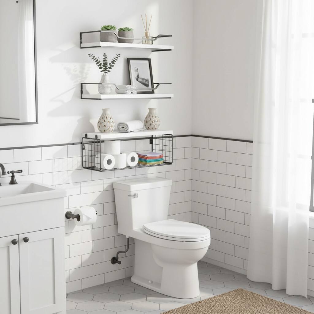 Alt View 1. Dazzed Corner - Set of 3 Floating Shelves Wall Mounted, Wood Bathroom Shelf Over Toilet with Paper Storage Basket - White.