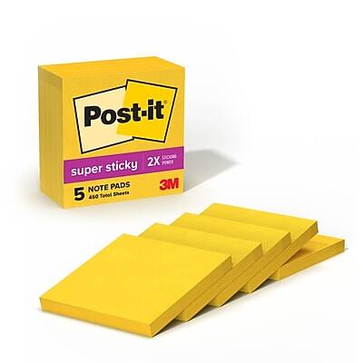 Post-it - Super Sticky Notes, 3" x 3", 90 Sheet/Pad, 5 Pads/Pack (6545SSY) - Yellow