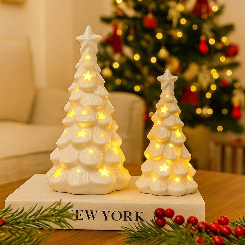 Left. RTMB - Set of 2 White Ceramic Light-Up Christmas Trees, Tabletop Mini Porcelain Figurines for Holiday Decor - White.