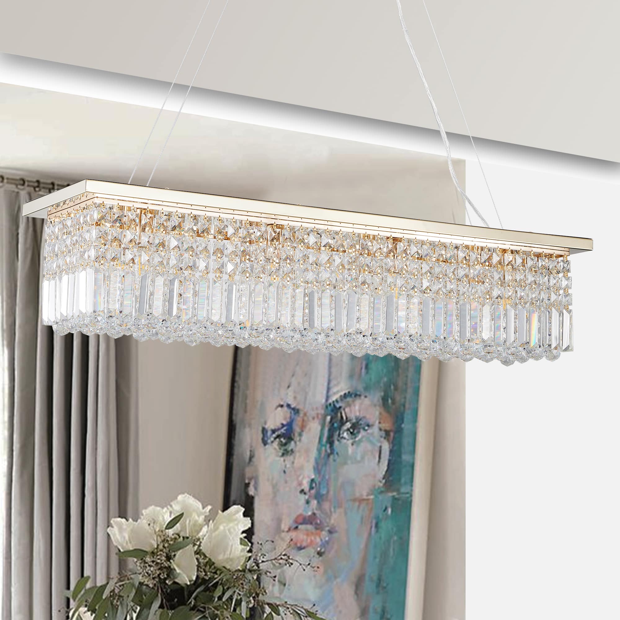 APRILSOUL - Modern Crystal 8-Light Gold Rectangle Raindrop Chandelier Contemporary Rectangular Pendant Light Fixture No Bulb