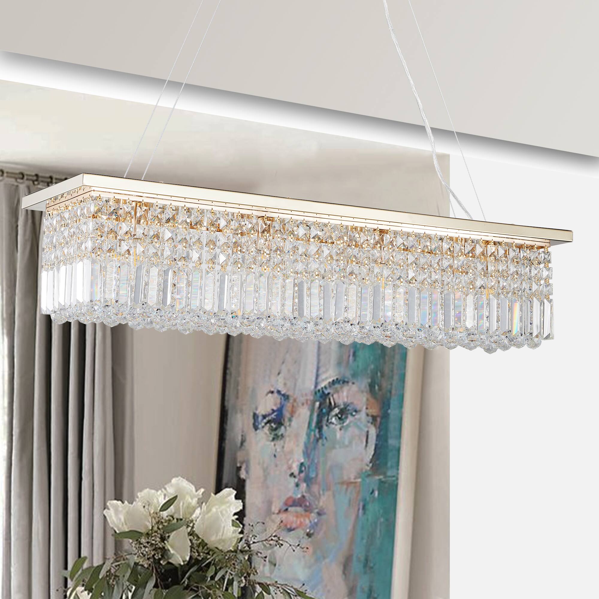 Front. APRILSOUL - Modern Crystal 8-Light Gold Rectangle Raindrop Chandelier Contemporary Rectangular Pendant Light Fixture No Bulb.