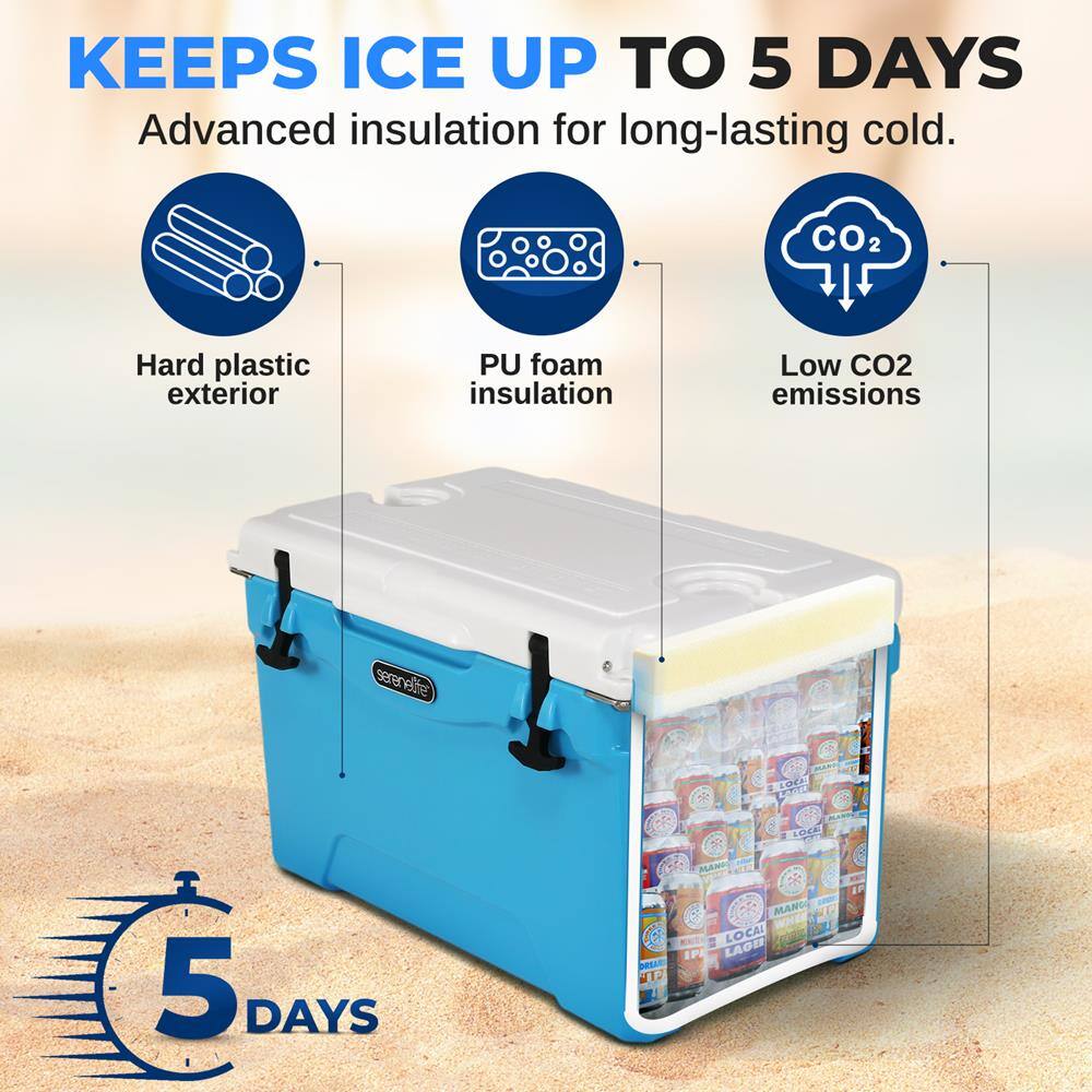 KEEPS ICE UP TO 5 DAYS  
Advanced insulation for long-lasting cold.  

- Hard plastic exterior  
- PU foam insulation  
- Low CO2 emissions  

seranale  
LUPEA  
AddE  

5 DAYS