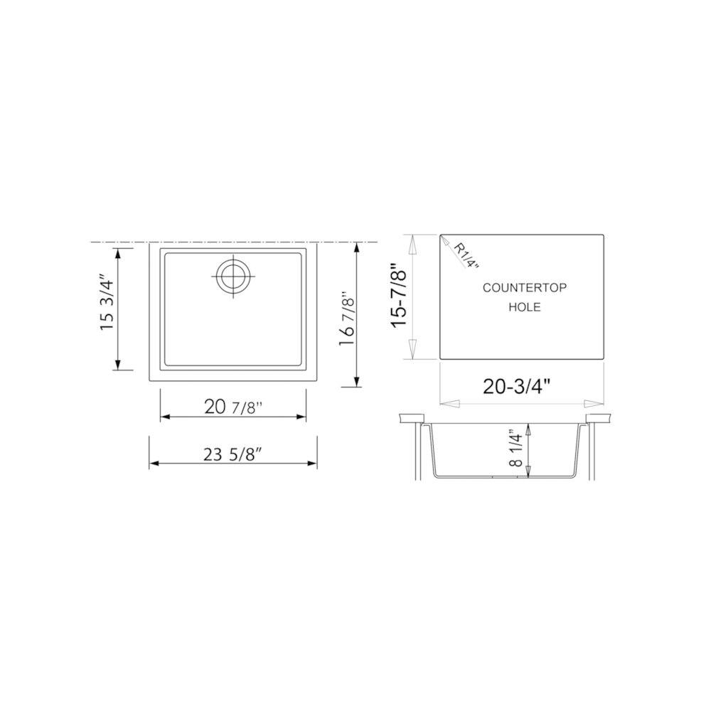 Sure, here is the corrected and grouped text from the image:

- 15 3/4"
- 20 7/8"
- 23 5/8"
- 16 7/8"
- 15 7/8"
- R1/4"
- COUNTERTOP HOLE
- 20-3/4"
- 8 1/4"
