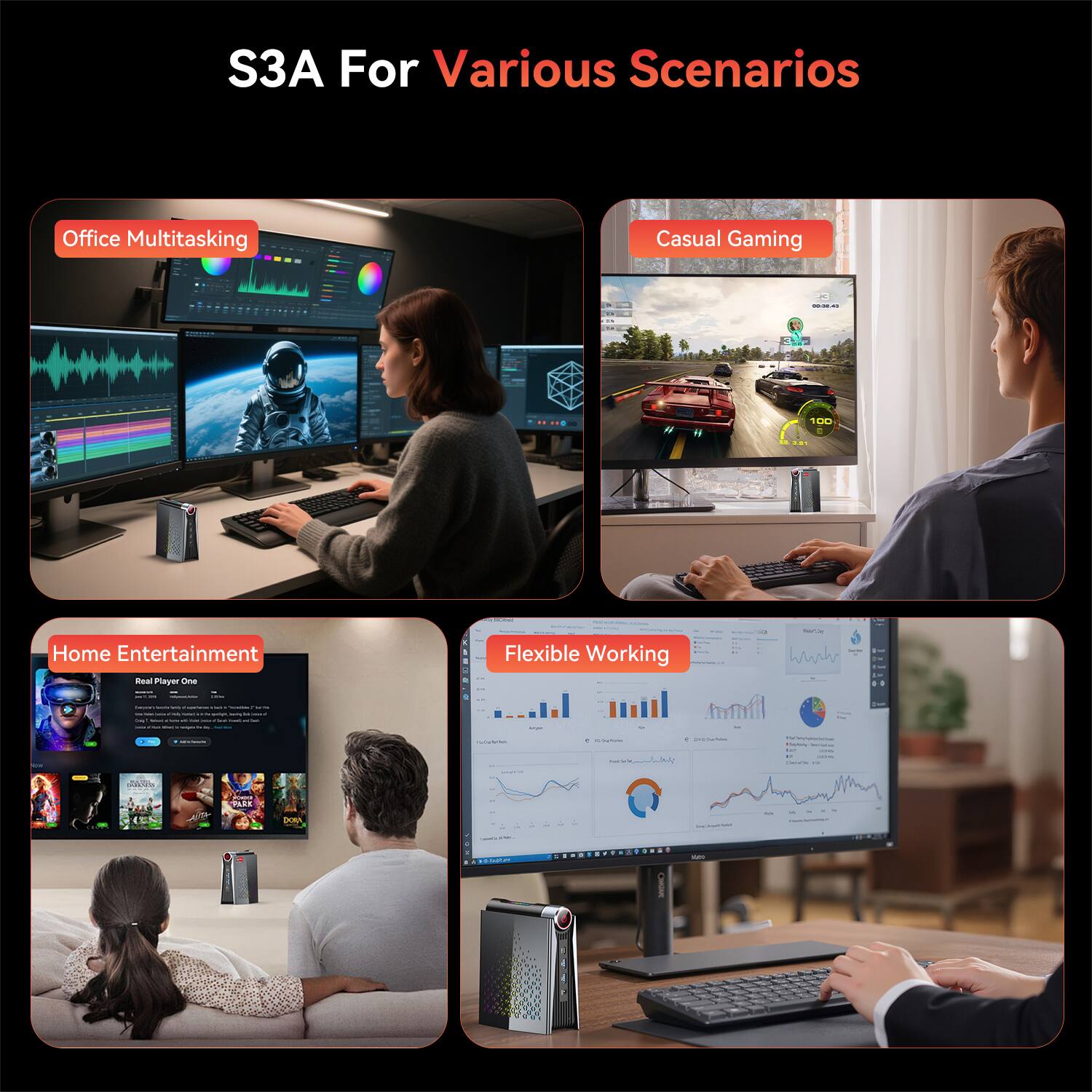 S3A For Various Scenarios

Office Multitasking

Casual Gaming

Home Entertainment

Flexible Working