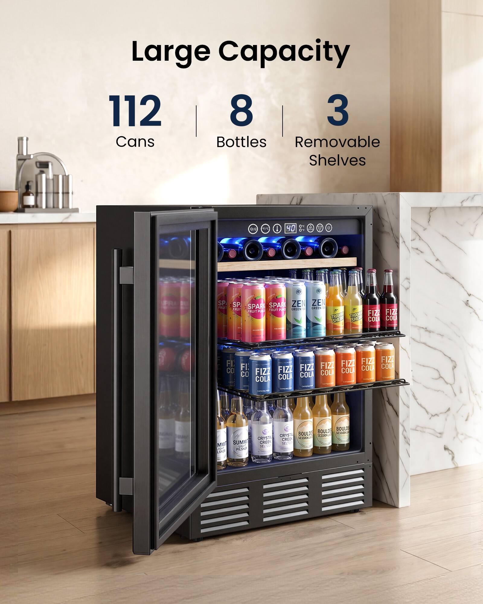 Large Capacity 112 Cans 8 Bottles 3 Removable Shelves