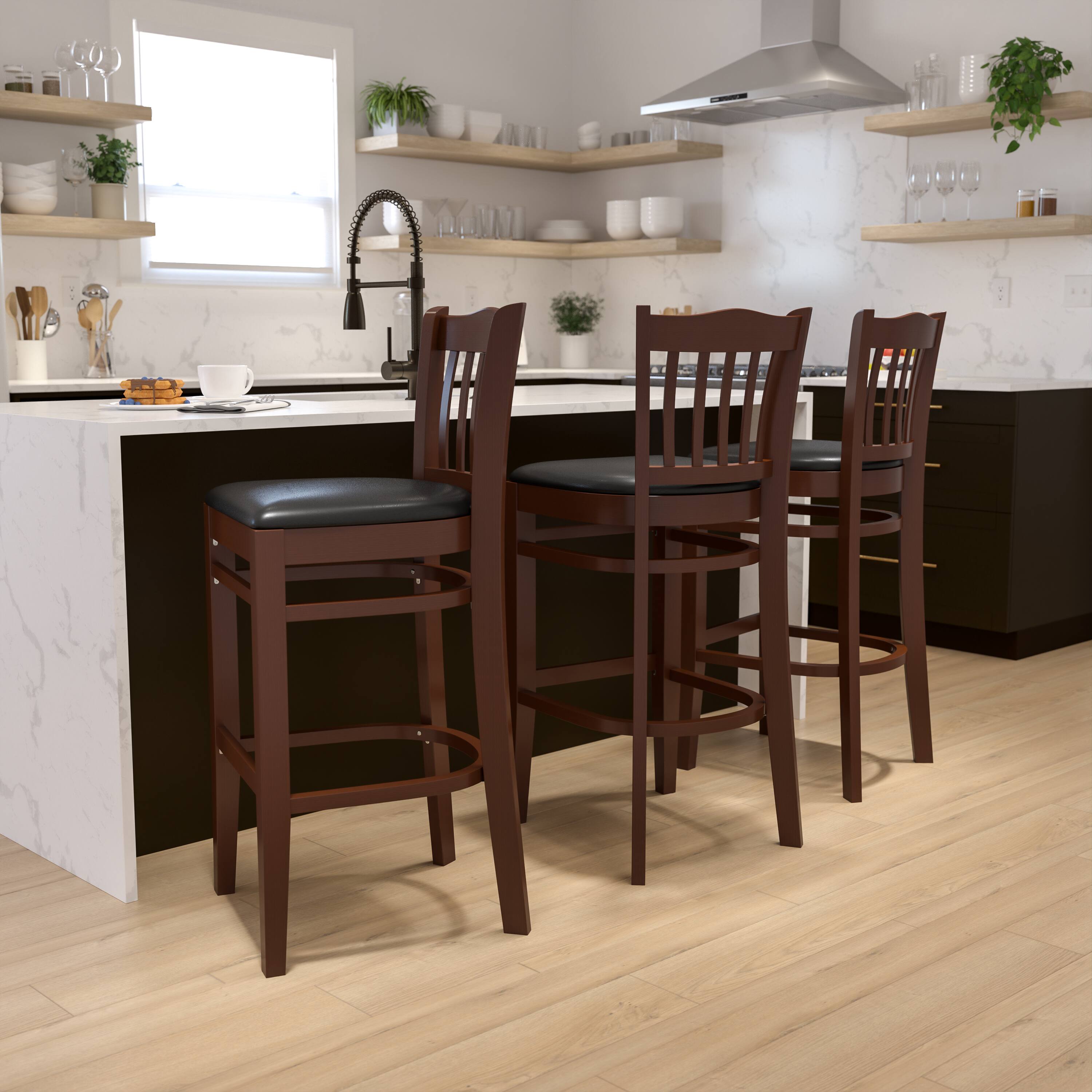 Alt View 1. Emma + Oliver - Vertical Slat Back Wooden Restaurant Dining Barstool - Black Vinyl Seat/Mahogany Wood Frame.
