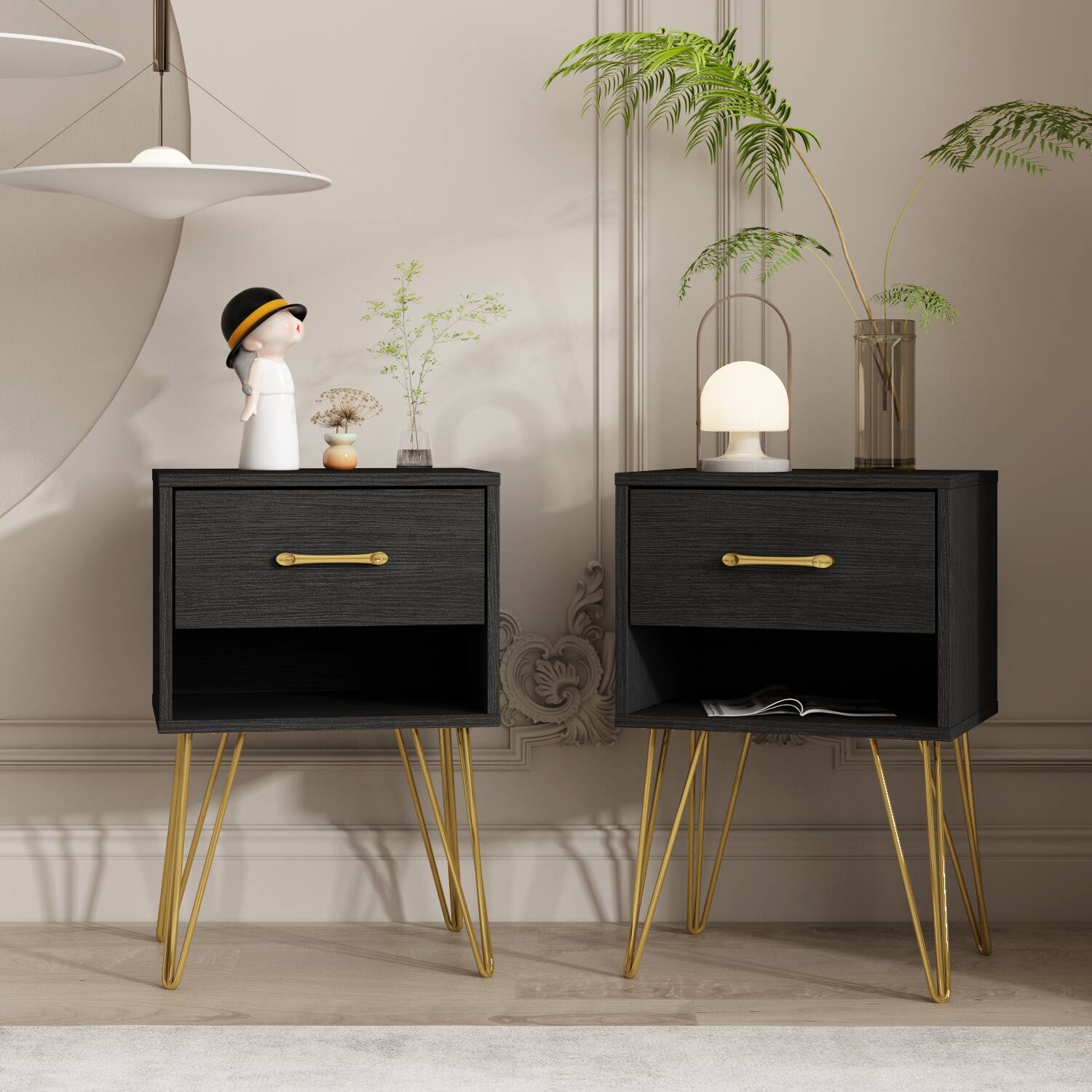Alt View 10. FUFU & GAGA - Modern Single Drawer Nightstand Bedside Table with Gold Metal Legs Accent End Table with Storage for Bedroom Living Room - Black.