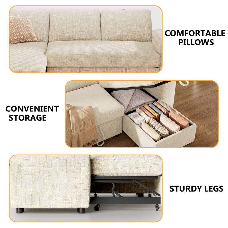 - COMFORTABLE PILLOWS
- CONVENIENT STORAGE
- STURDY LEGS