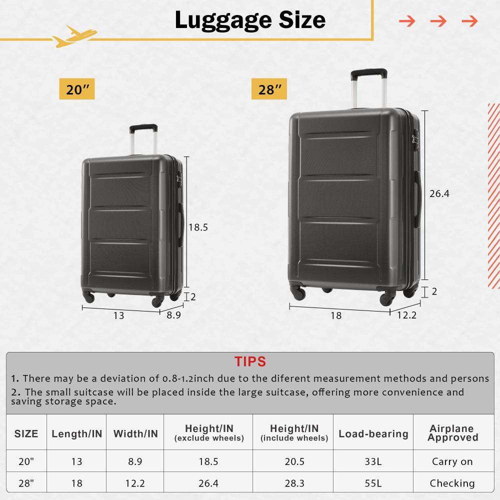 Luggage Size

20" 28"

TIPS
1. There may be a deviation of 0.8-1.2 inch due to the different measurement methods and persons.
2. The small suitcase will be placed inside the large suitcase, offering more convenience and saving storage space.

SIZE | Length/IN | Width/IN | Height/IN (exclude wheels) | Height/IN (include wheels) | Load-bearing | Airplane Approved
--- | --- | --- | --- | --- | --- | ---
20" | 13 | 8.9 | 18.5 | 20.5 | 33L | Carry on
28" | 18 | 12.2 | 26.4 | 28.3 | 55L | Checking