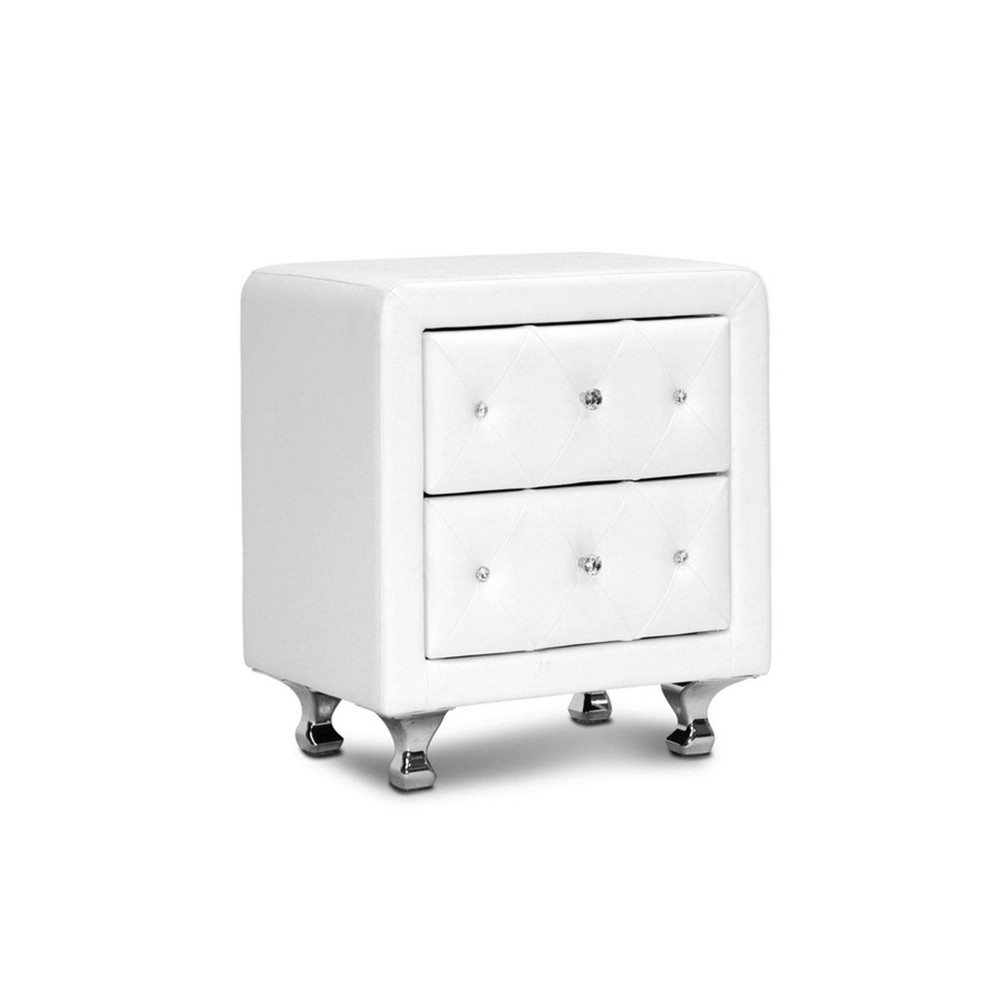 Angle. Baxton Studio - Stella Crystal Tufted Upholstered Modern Nightstand - White.