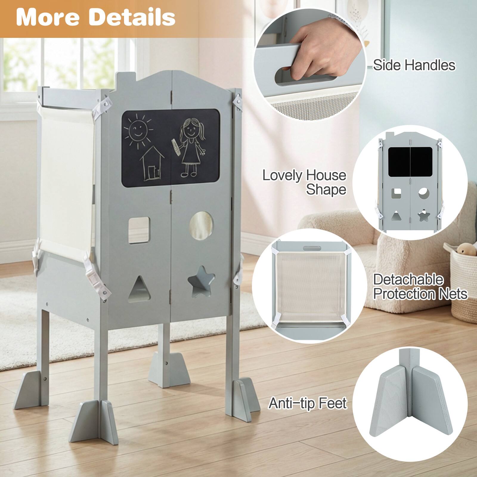 More Details

- Side Handles
- Lovely House Shape
- Detachable Protection Nets
- Anti-tip Feet