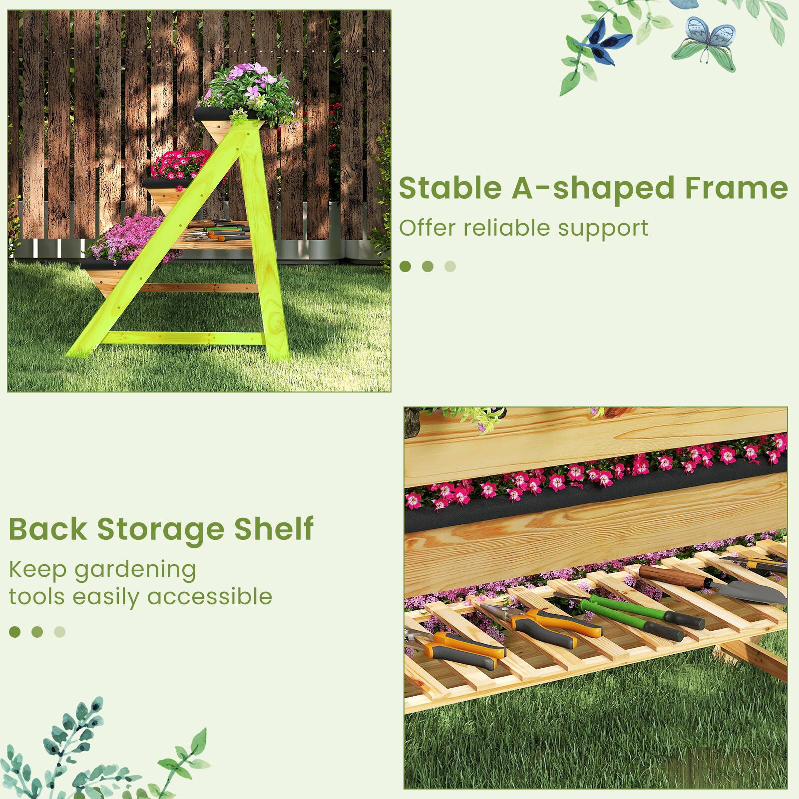 Stable A-shaped Frame  
Offer reliable support

Back Storage Shelf  
Keep gardening tools easily accessible