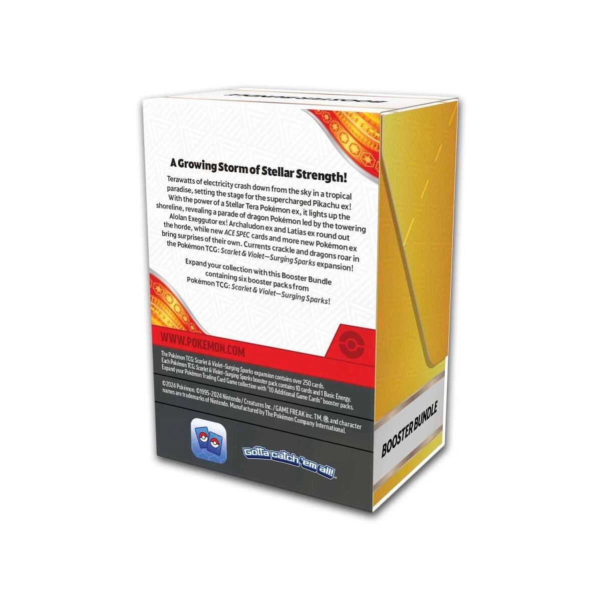 A Growing Storm of Stellar Strength!

Terawatts of electricity crash down from the paradise, setting the stage for the supercharged Pikachu ex! With the power of a Stellar Tera, it lights up the sky in a tropical shoreline, revealing a parade of dragon Pokémon ex, led by the towering Alolan Exeggutor ex and Archaludon ex, while new ACE SPEC Pokémon ex and Latias ex bring new surprises of their own. Currents crackle and dragons roar in the Pokémon TCG: Scarlet & Violet—Surging Sparkles expansion!

Expand your collection with this Pokémon TCG: Scarlet & Violet—Surging Sparkles Booster Bundle containing six booster packs!

The Pokémon TCG: Scarlet & Violet—Surging Sparkles expansion contains over 250 cards and Basic Energy cards. Each Pokémon TCG: Scarlet & Violet—Surging Sparkles Booster pack contains 10 cards and 1 Basic Energy card. Expand your Pokémon Trading Card Game collection with 10 additional Game Cards. Pokémon TCG: Scarlet & Violet—Surging Sparkles Booster Bundle contains 250 cards and 6 Basic Energy cards. Pokémon TCG: Scarlet & Violet—Surging Sparkles Booster Bundle contains 250 cards and 6 Basic Energy