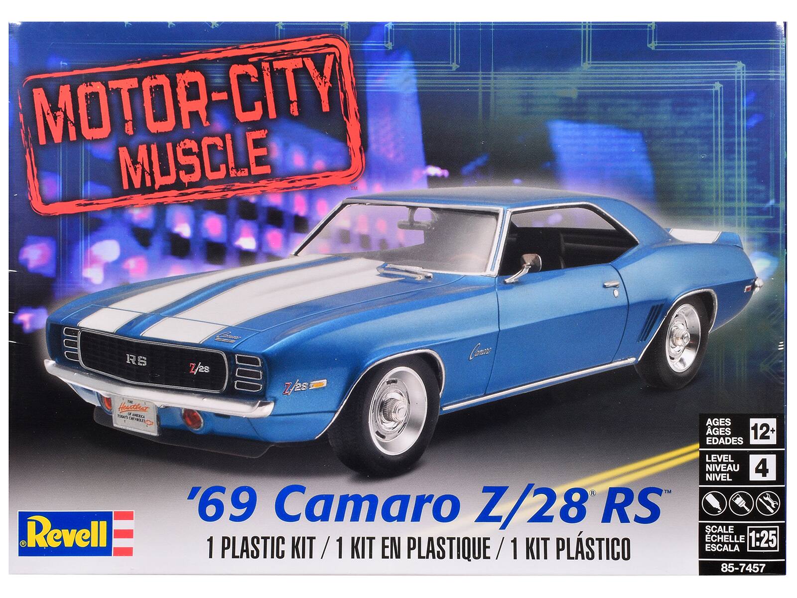 MOTOR-CITY MUSCLE  
'69 Camaro Z/28 RS  
1 PLASTIC KIT / 1 KIT EN PLASTIQUE / 1 KIT PLÁSTICO  
AGES 12+  
EDADES 12+  
LEVEL 4  
NIVEAU 4  
NIVEL 4  
SCALE 1:25  
ECHELLE 1:25  
ESCALA 1:25  
85-7457