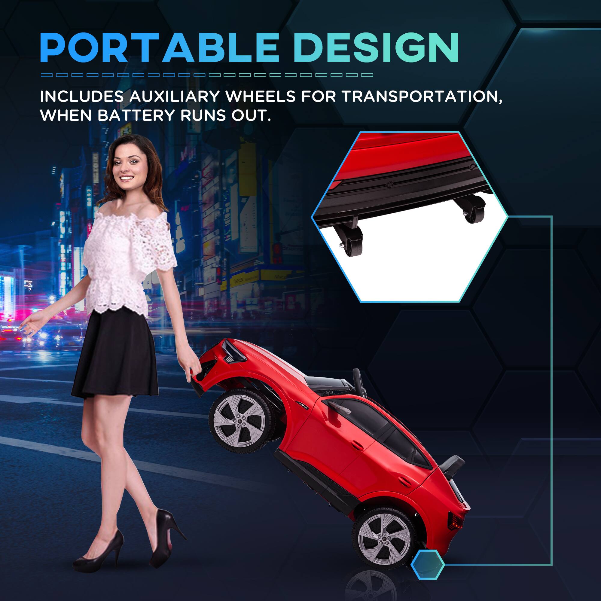 PORTABLE DESIGN  
INCLUDES AUXILIARY WHEELS FOR TRANSPORTATION, WHEN BATTERY RUNS OUT.