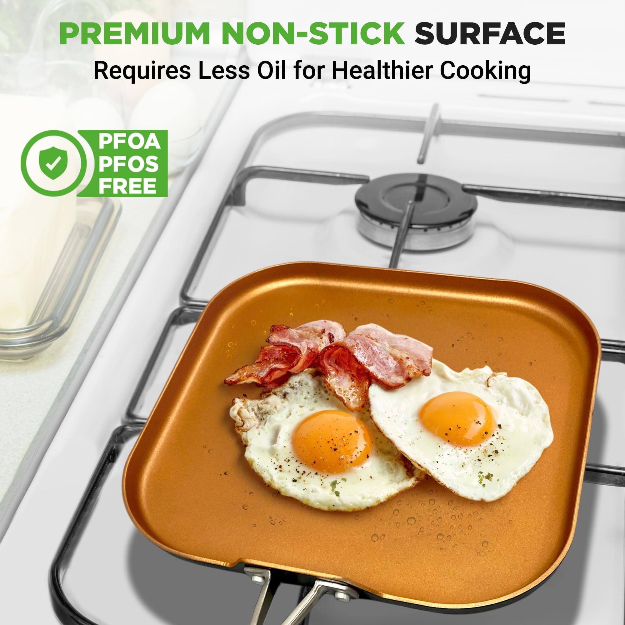 PREMIUM NON-STICK SURFACE  
Requires Less Oil for Healthier Cooking  
PFOA PFOS FREE