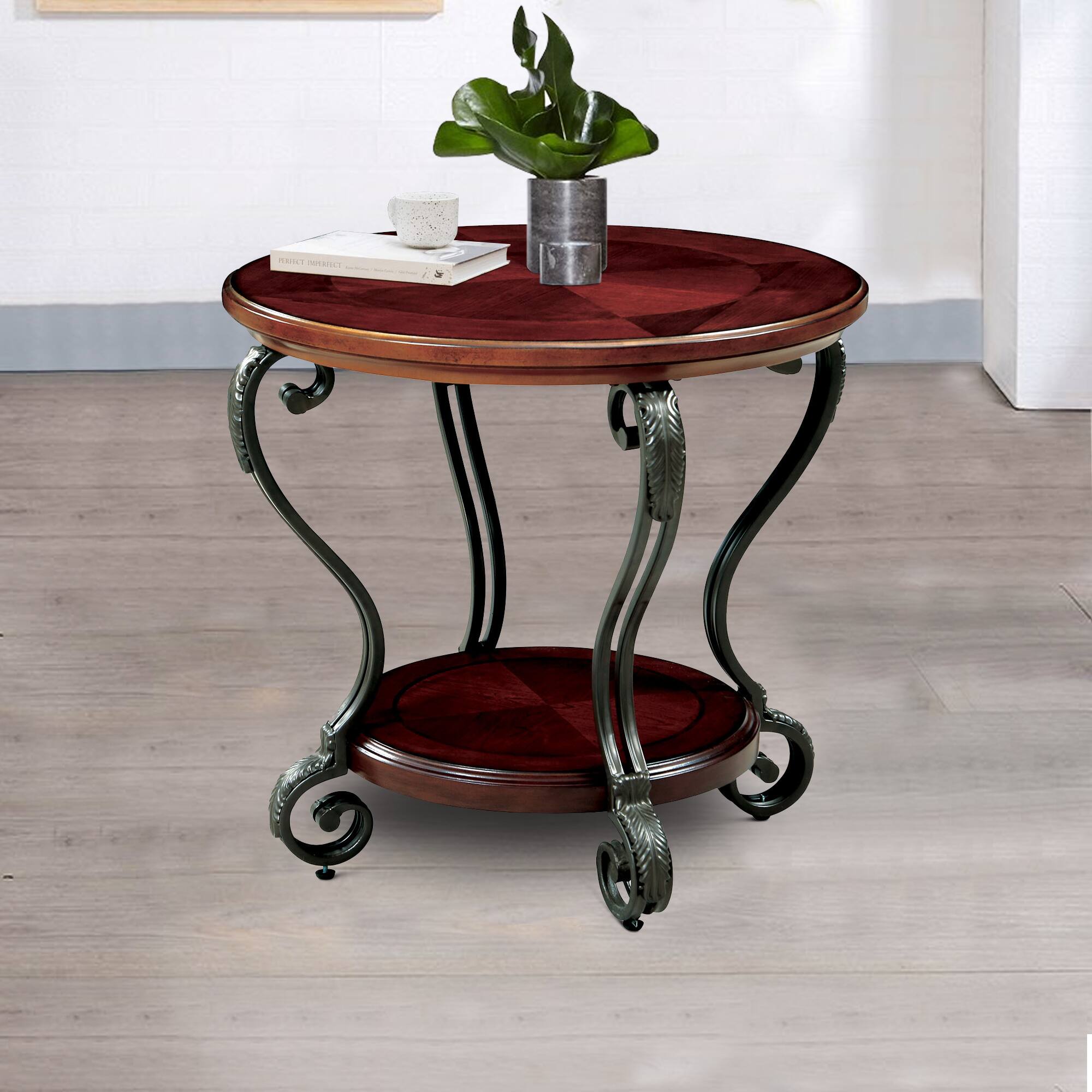 Alt View 4. Manhattan Lane - Round Wood and Metal End Table with Scroll Details, Brown - Brown.