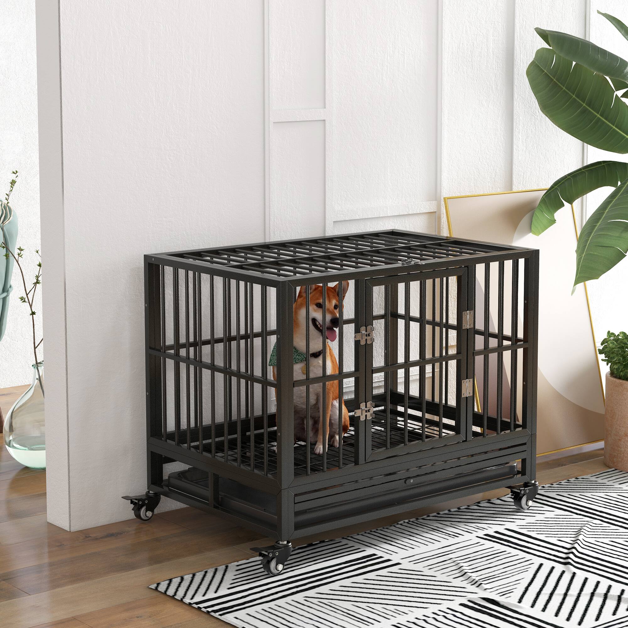 Alt View 5. Siljoy - Heavy Duty Metal Dog Crate with Lockable Wheels, Double Door & Removable Tray for Dogs up to 44 lbs.