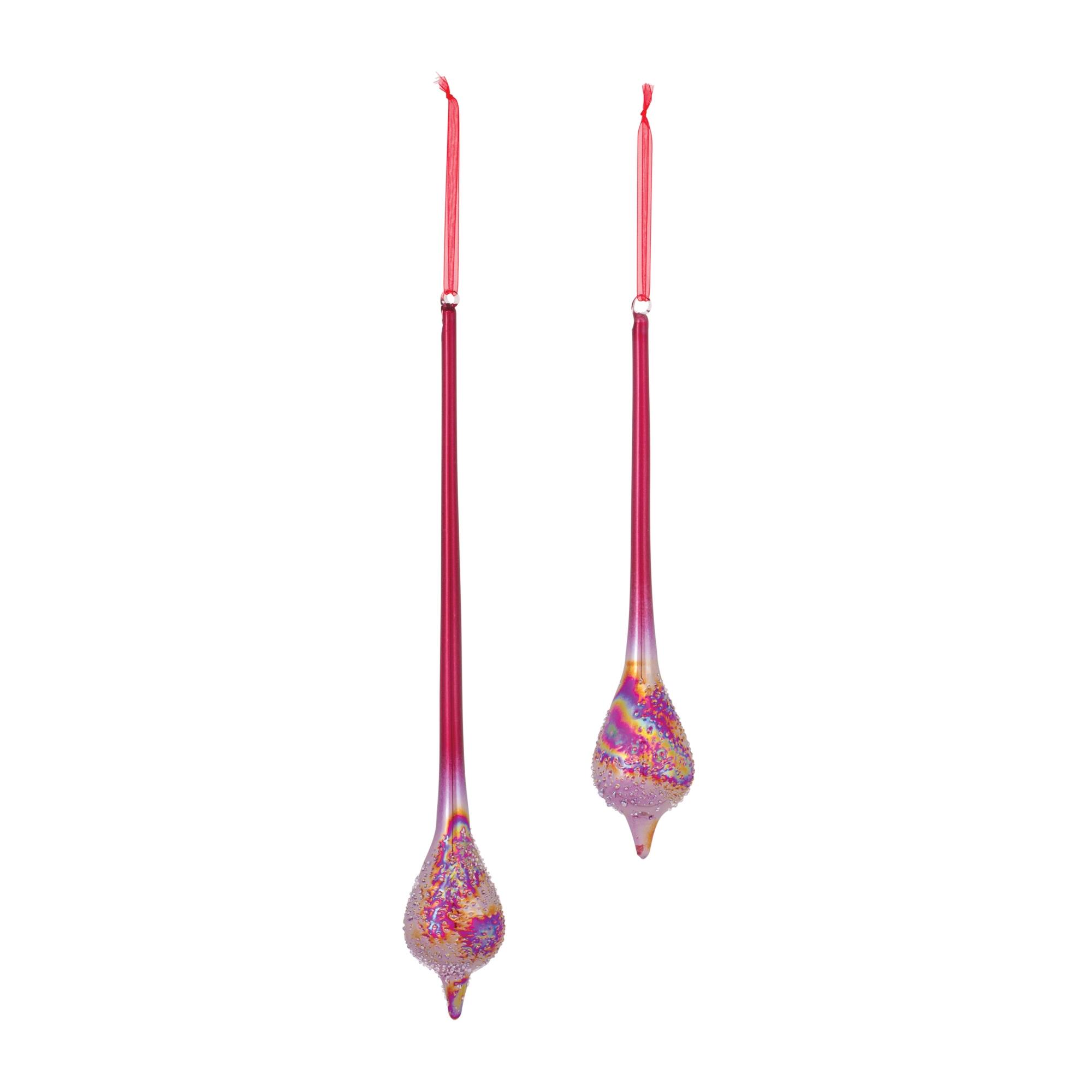 Angle. BreeBe - Irredescent Glass Drop Ornament (Set of 6) - Red, Silver.