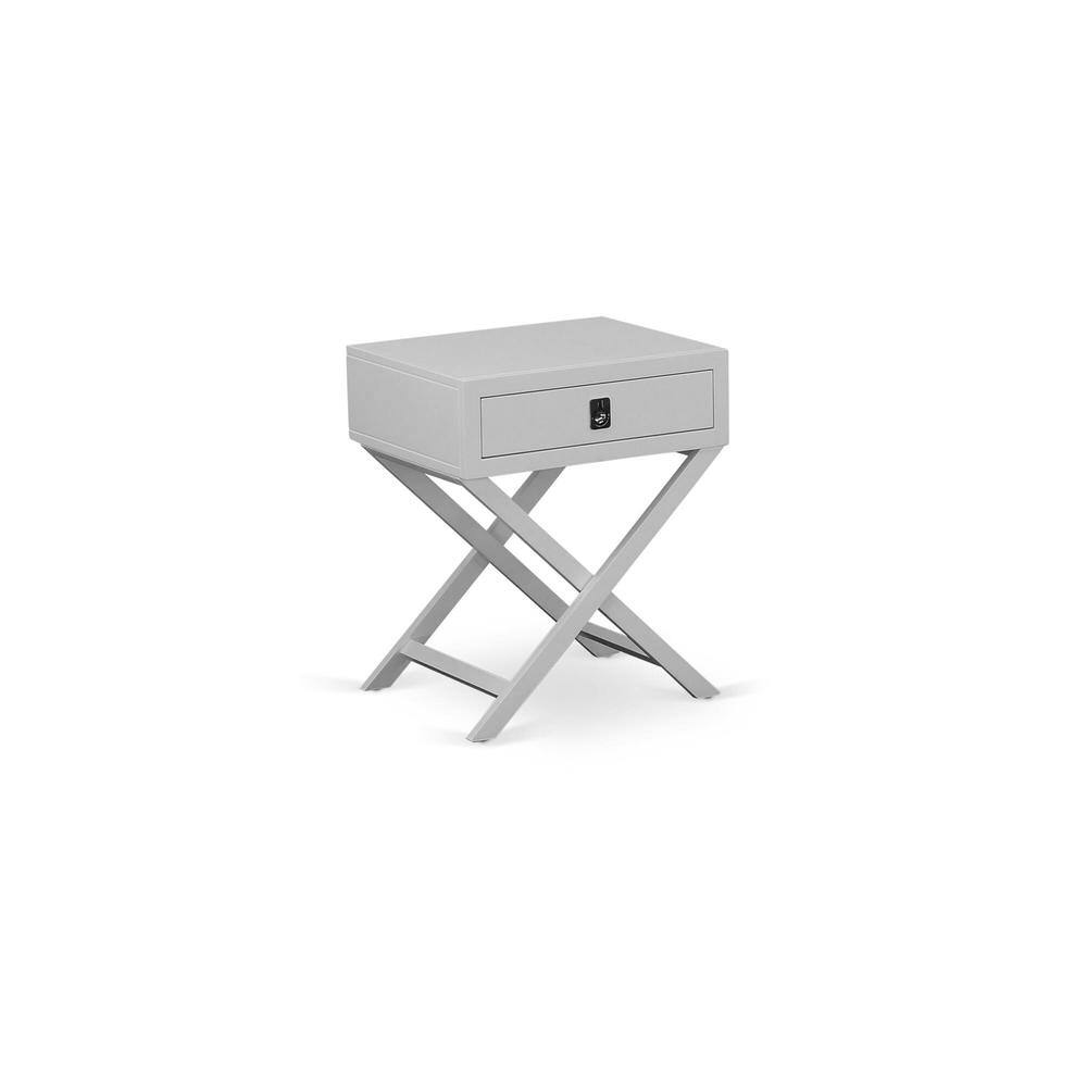 Angle. East West Furniture - NL19Q-1HA14 2 Pc Bed Set - 1 Queen Bed White Velvet Fabric Headboard and 1 Mid Century Nightstand - Urban Gray Finish - White Velvet.