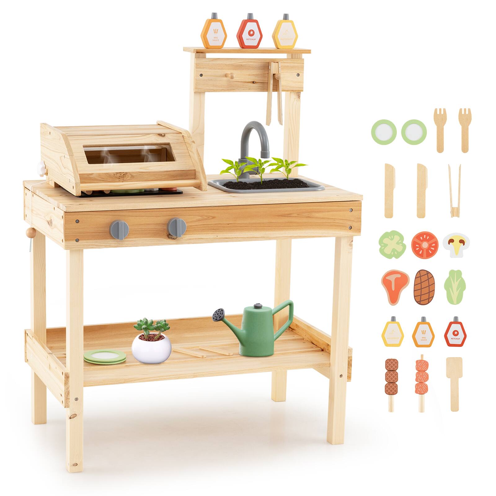 Alt View 9. Gymax - Gymax Wooden Barbecue Grill Playset w/ Play Food Grilling Tools & Accessories - Natural.