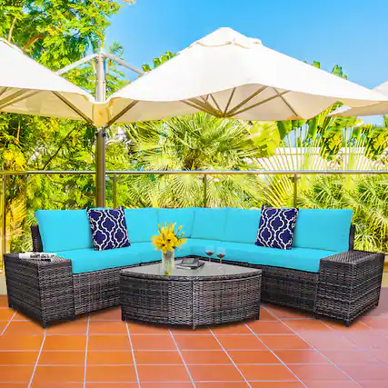 Front. Gymax - Gymax 6PCS Wicker Furniture Sectional Sofa Set w/ Cushions Turquoise - Turquoise.