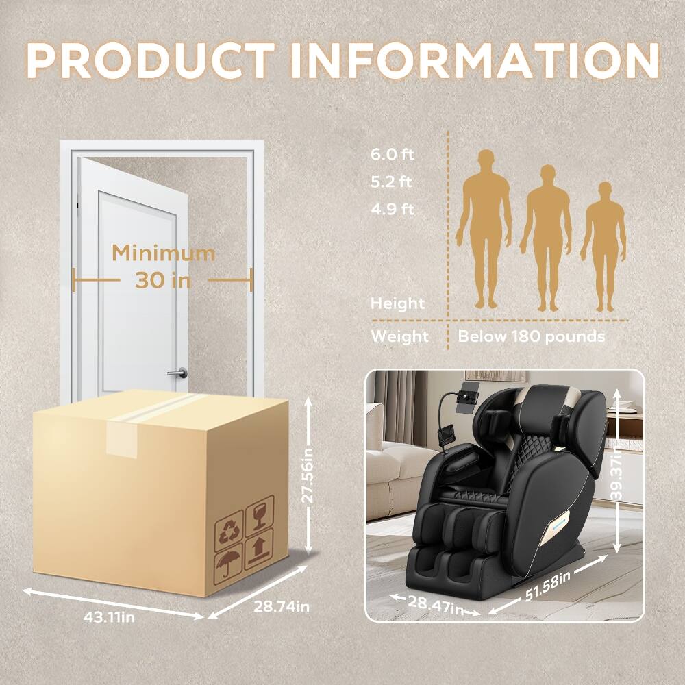PRODUCT INFORMATION

Minimum 30 in

Height
6.0 ft
5.2 ft
4.9 ft

Weight Below 180 pounds

43.11in
27.56in
28.74in
28.47in
51.58in
39.37in