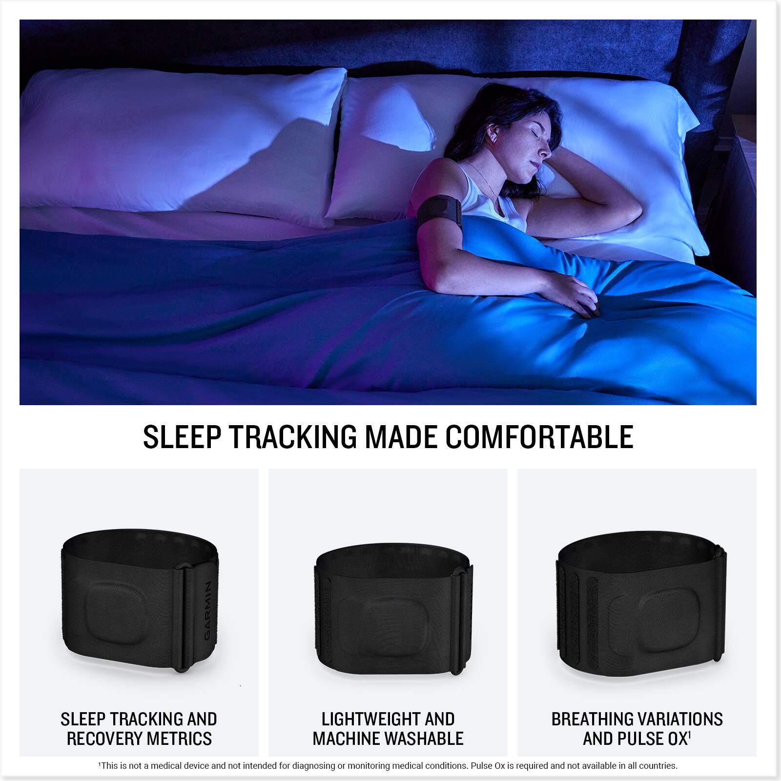 Sleep Tracking Made Comfortable: Garmin Sleep Tracking and Recovery Metrics, Lightweight and Machine Washable, Breathing Variations and Pulse OX.