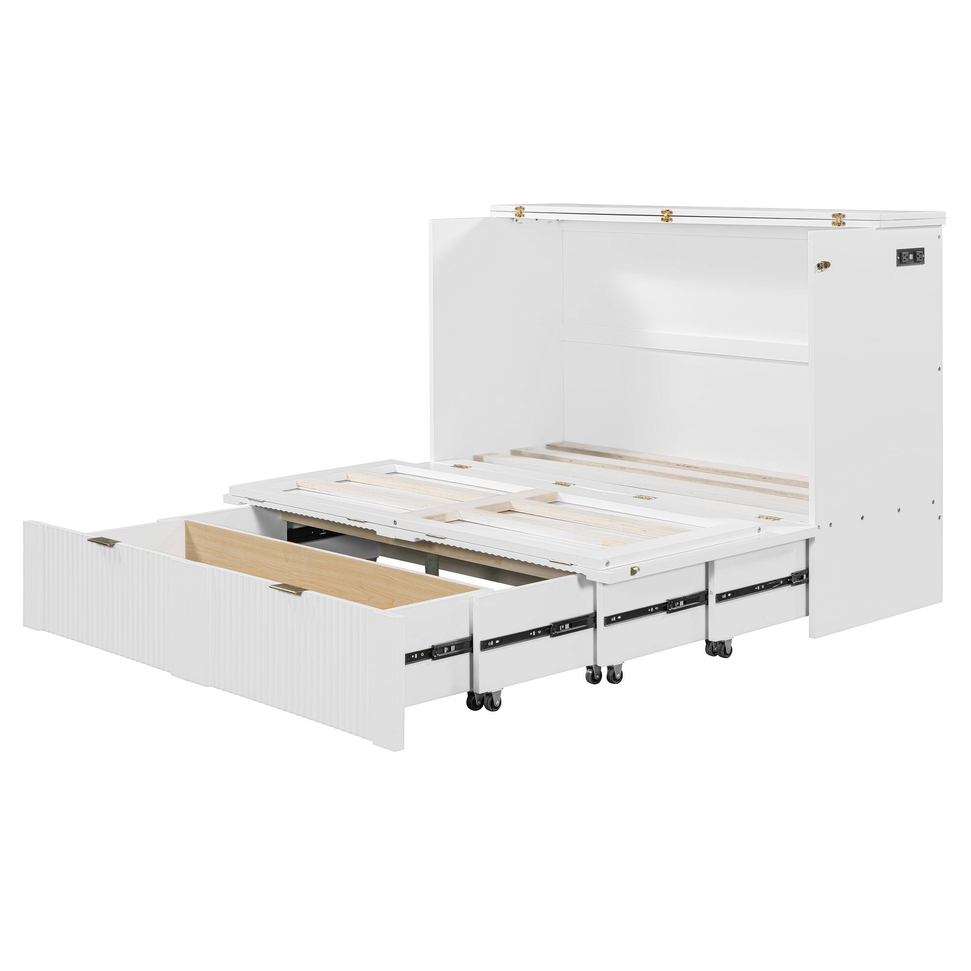 Back. Tiramisubest - Full Size Murphy Bed with Drawer, Sockets, USB, Pulley, White, Plywood, 76x57x42 inches, 208 lbs - White.