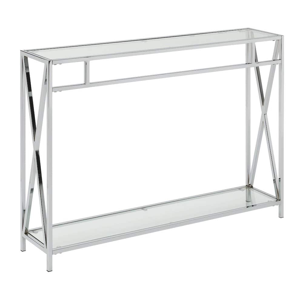 FurniFact - Clear Glass Console Table with Chrome Metal Tube Frame - Clear Glass / Chrome Frame