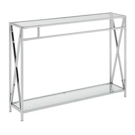 FurniFact - Clear Glass Console Table with Chrome Metal Tube Frame - Clear Glass / Chrome Frame