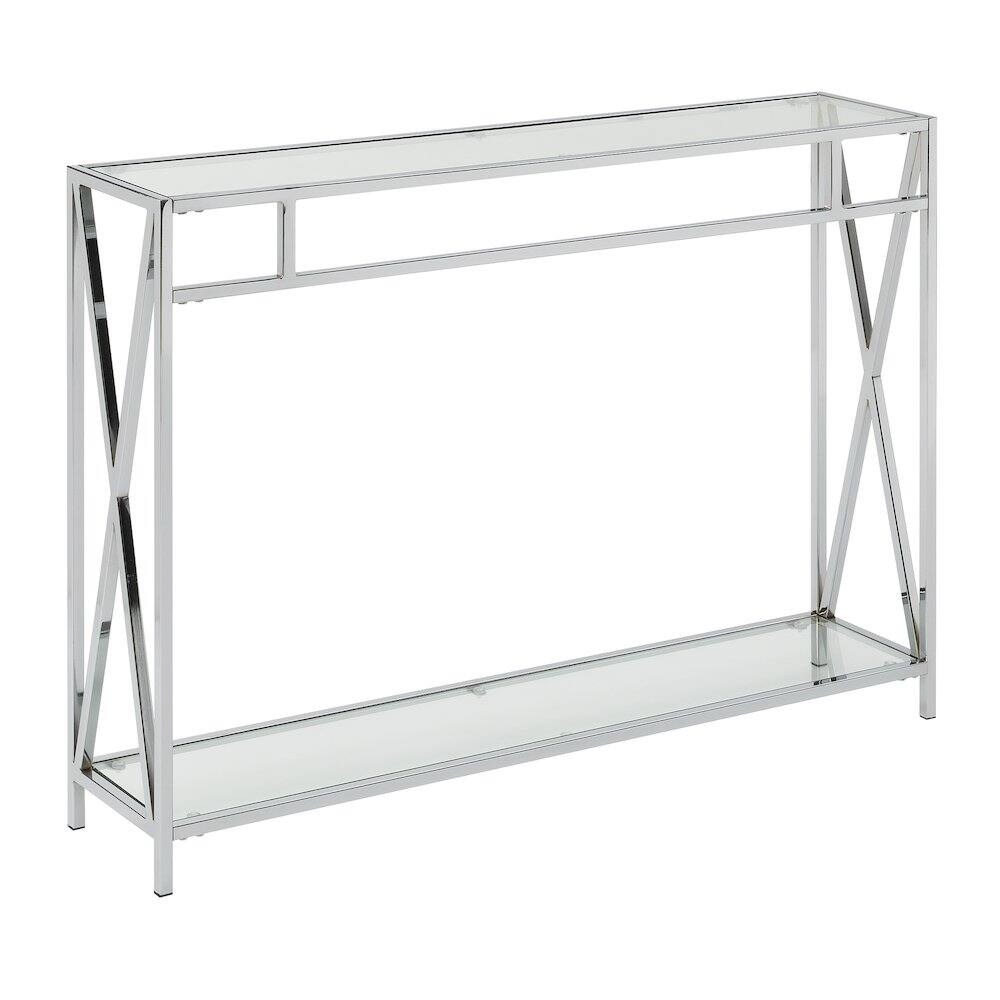 FurniFact - Clear Glass Console Table with Chrome Metal Tube Frame - Clear Glass / Chrome Frame