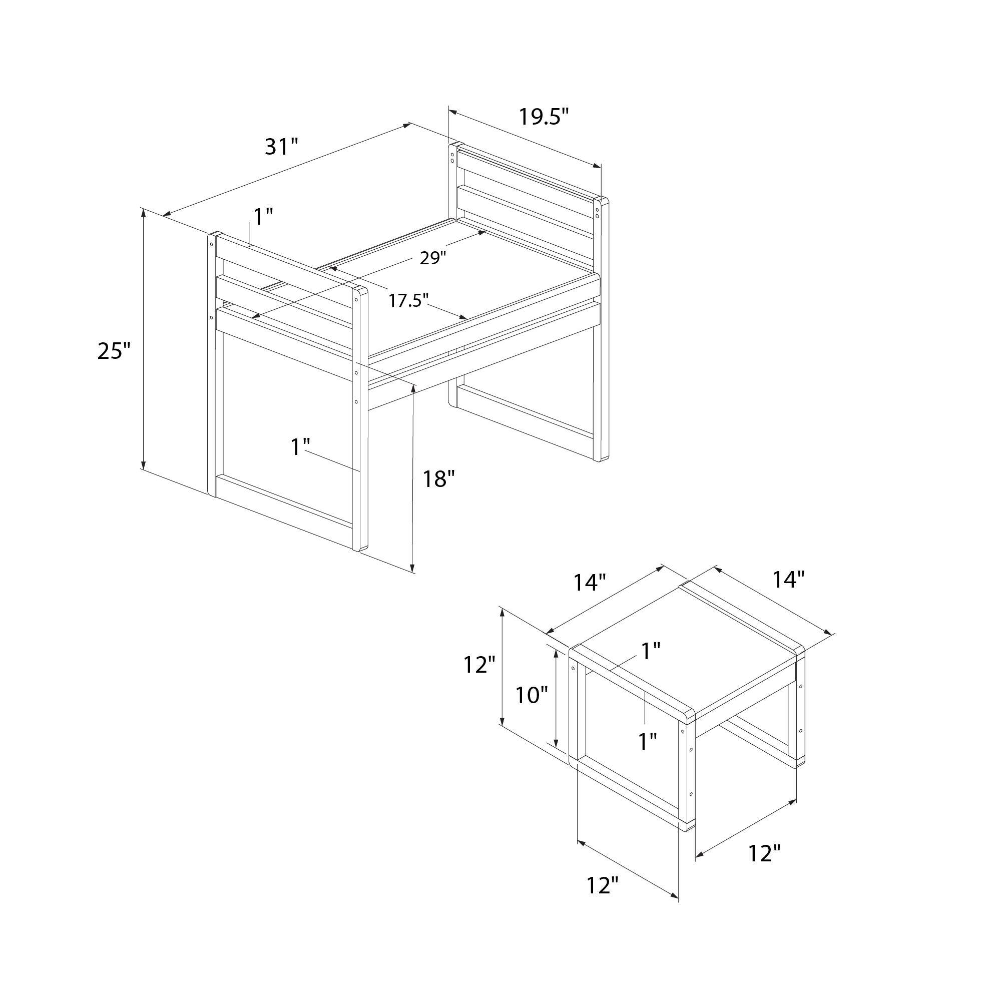 31" x 19.5" x 25"  
1" x 29" x 17.5" x 18" x 14" x 14" x 12" x 10" x 1" x 1" x 12" x 12"