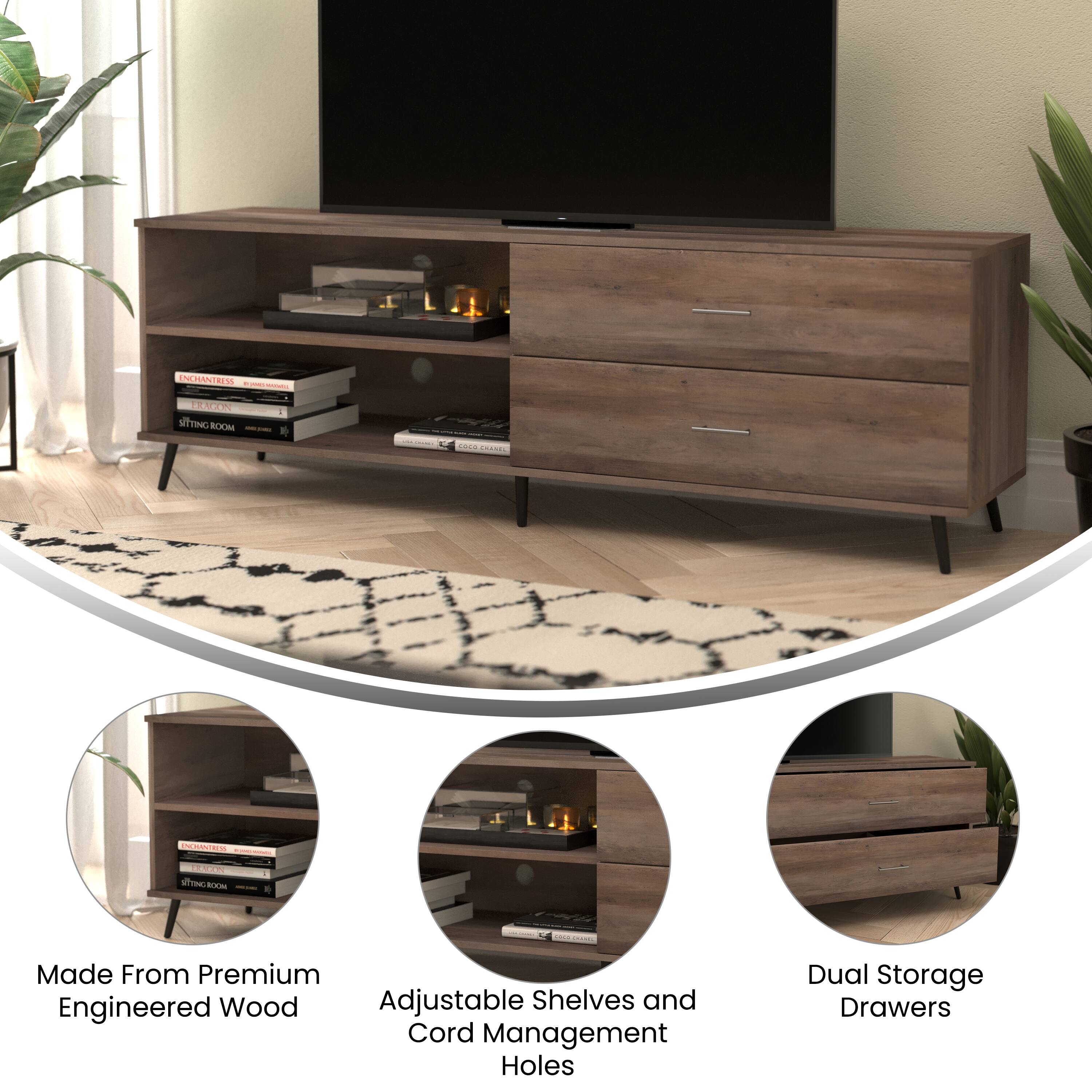 ENCHANTRESS - ARN  
NTNC ROOM - - I Lde ORN EE - -  
VT a  
Made From Premium Engineered Wood Adjustable Shelves and Cord Management Holes Dual Storage Drawers