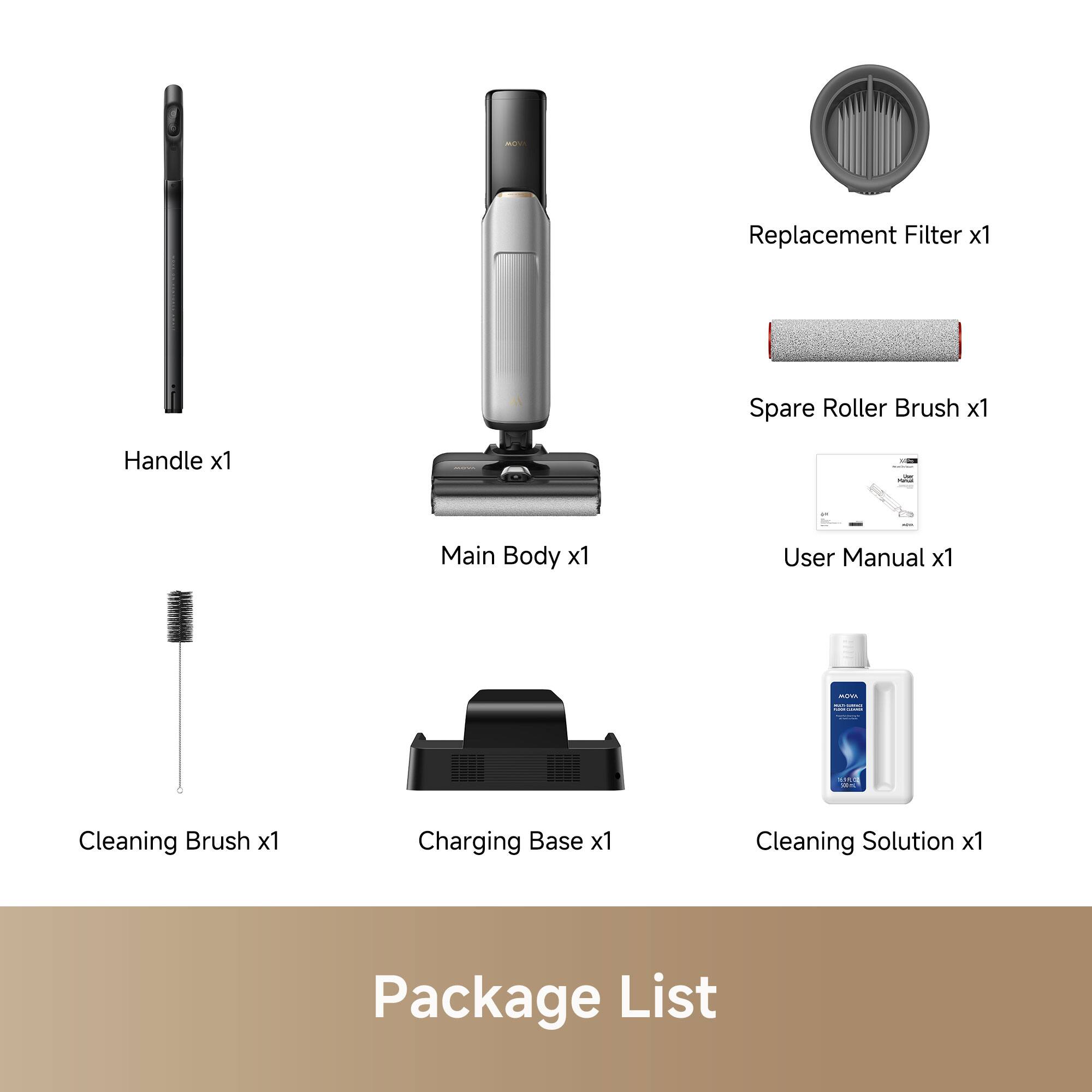 Replacement Filter x1  
Spare Roller Brush x1  
Handle x1  
Main Body x1  
User Manual x1  
Cleaning Brush x1  
Charging Base x1  
Cleaning Solution x1  

Package List