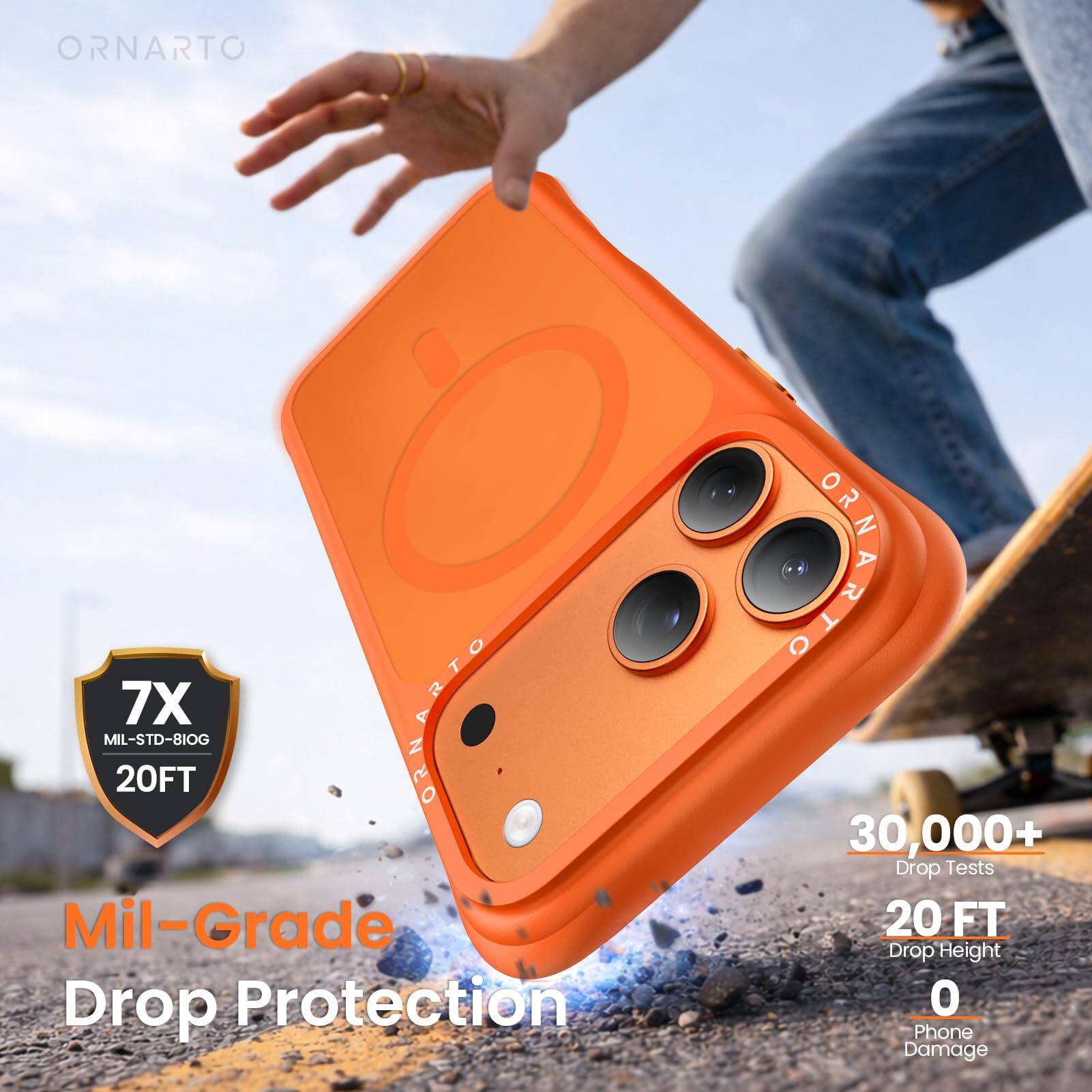 ORNARTO  
7X  
ORNARTO MIL-STD-810G 20FT  
Mil-Grade Drop Protection  
30,000+ Drop Tests  
20 FT Drop Height  
0 Phone Damage