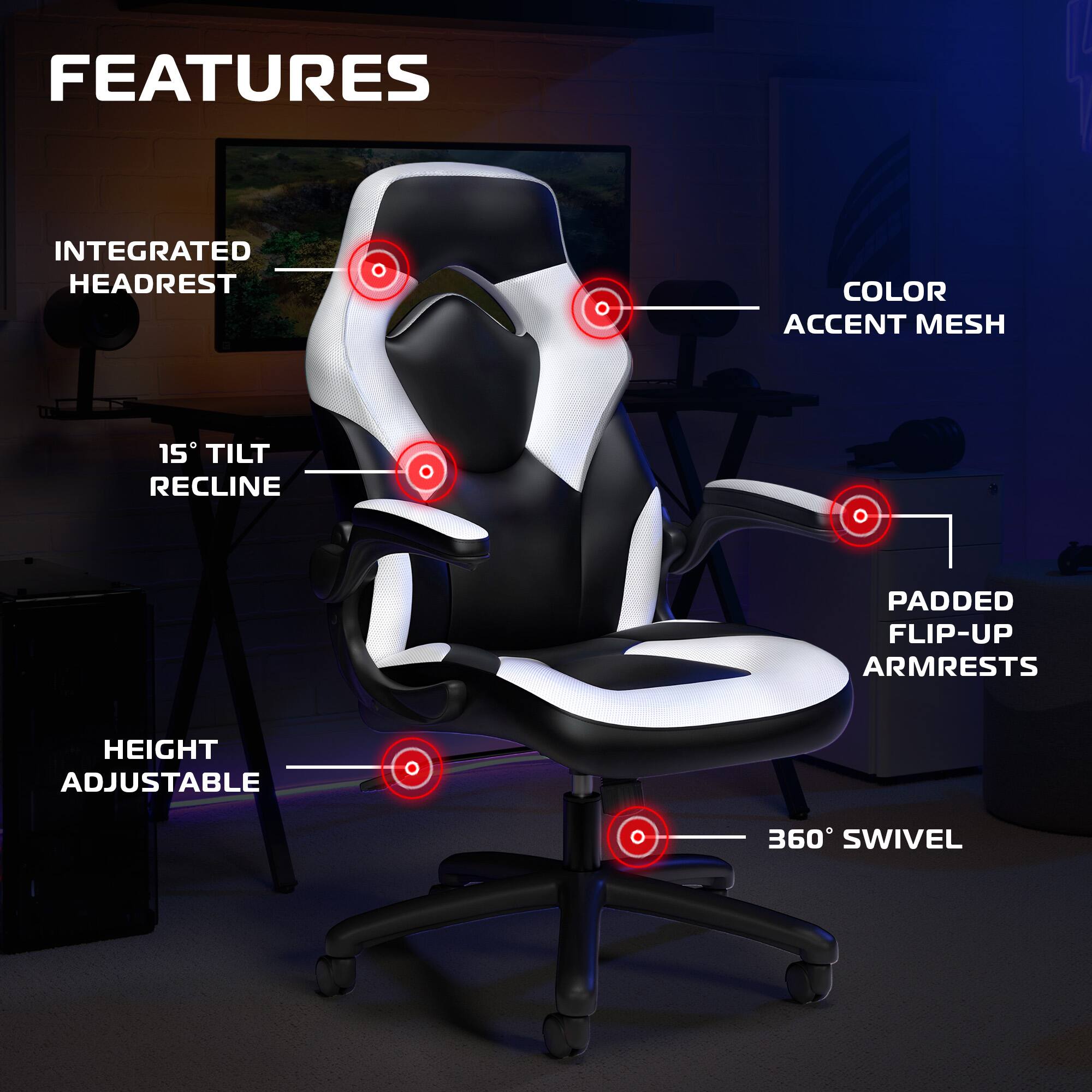 Sure, here is the corrected and grouped text from the image:

**FEATURES**

- **INTEGRATED HEADREST**
- **15° TILT RECLINE**
- **HEIGHT ADJUSTABLE**
- **360° SWIVEL**
- **COLOR ACCENT MESH**
- **PADDED FLIP-UP ARMRESTS**