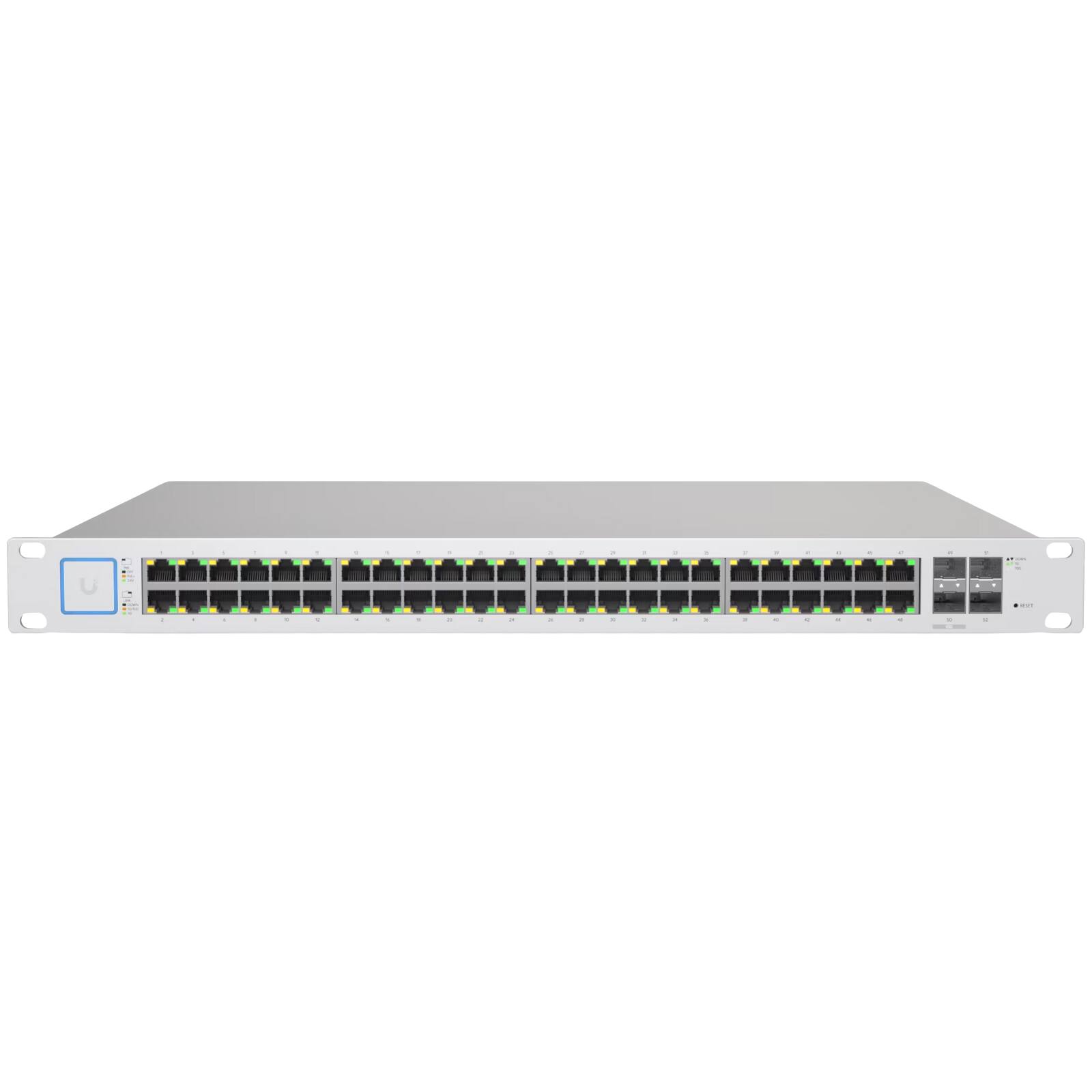 Front. Ubiquiti - US-48-500W 48-Port Gigabit PoE+ Managed Switch with 2x 10G SFP+ and 2x 1G SFP Uplinks.