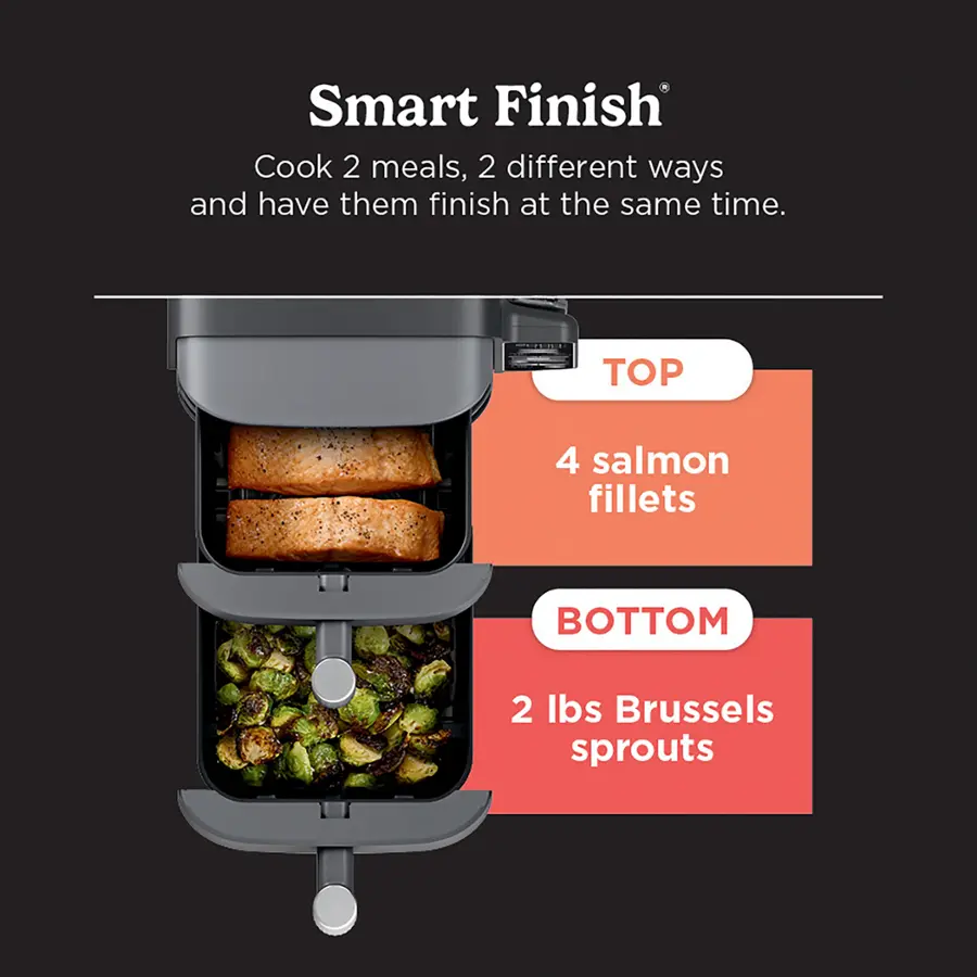 Smart Finish: Cook 2 meals, 2 different ways and have them finish at the same time.

Top: 4 salmon fillets

Bottom: 2 lbs Brussels sprouts