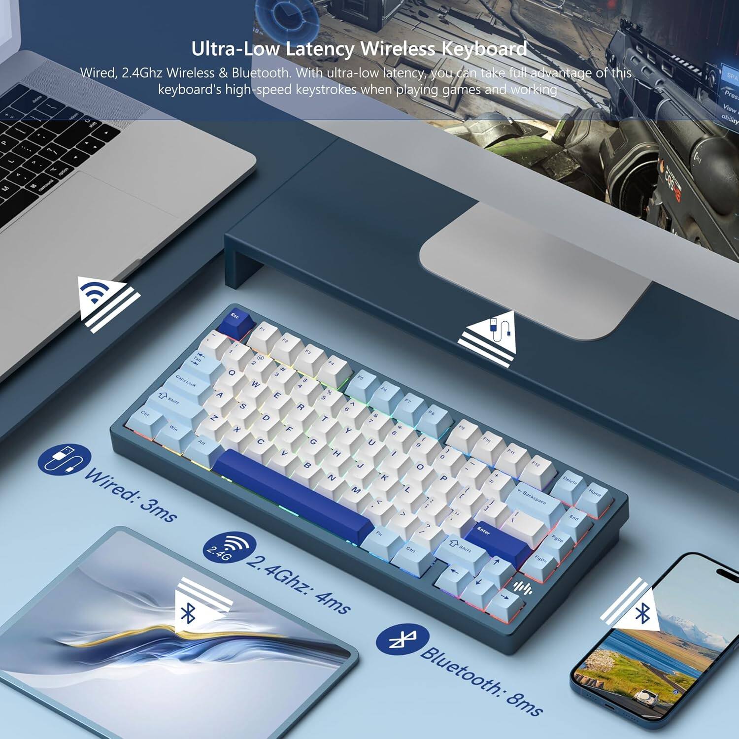 Ultra-Low Latency Wireless Keyboard  
Wired, 2.4Ghz Wireless & Bluetooth. With ultra-low latency, you can take full advantage of this keyboard's high-speed keystrokes when playing games and working.  

Wired: 3ms  
2.4Ghz: 4ms  
Bluetooth: 8ms