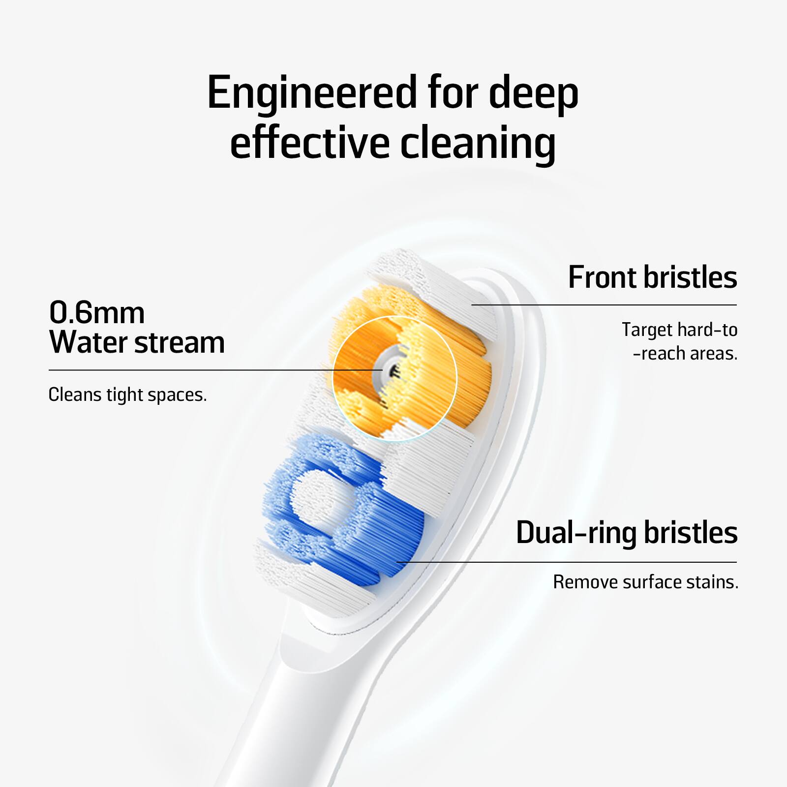 Engineered for deep effective cleaning

0.6mm Water stream Cleans tight spaces.

Front bristles Target hard-to -reach areas.

Dual-ring bristles Remove surface stains.