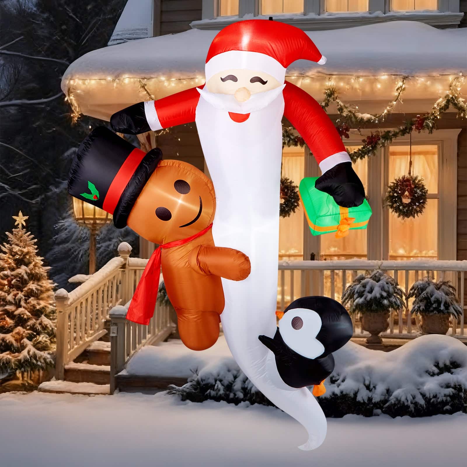 Front. CAMULAND - 8 FT Hanging Santa Christmas Inflatable Outdoor Decorations - White Brown.