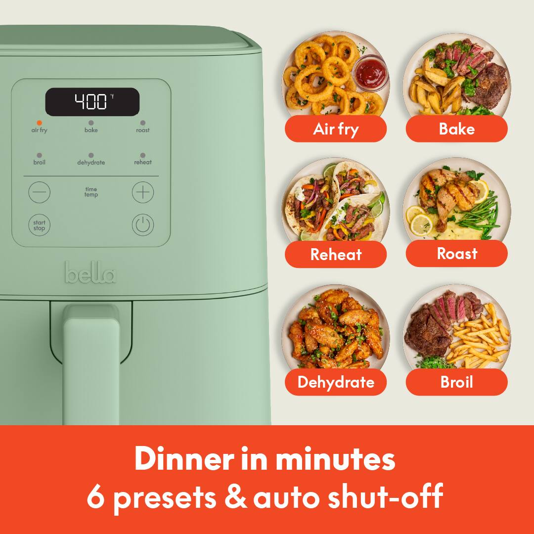 Air fry, Bake, Roast, Reheat, Dehydrate, Broil, Dinner in minutes 6 presets & auto shut-off