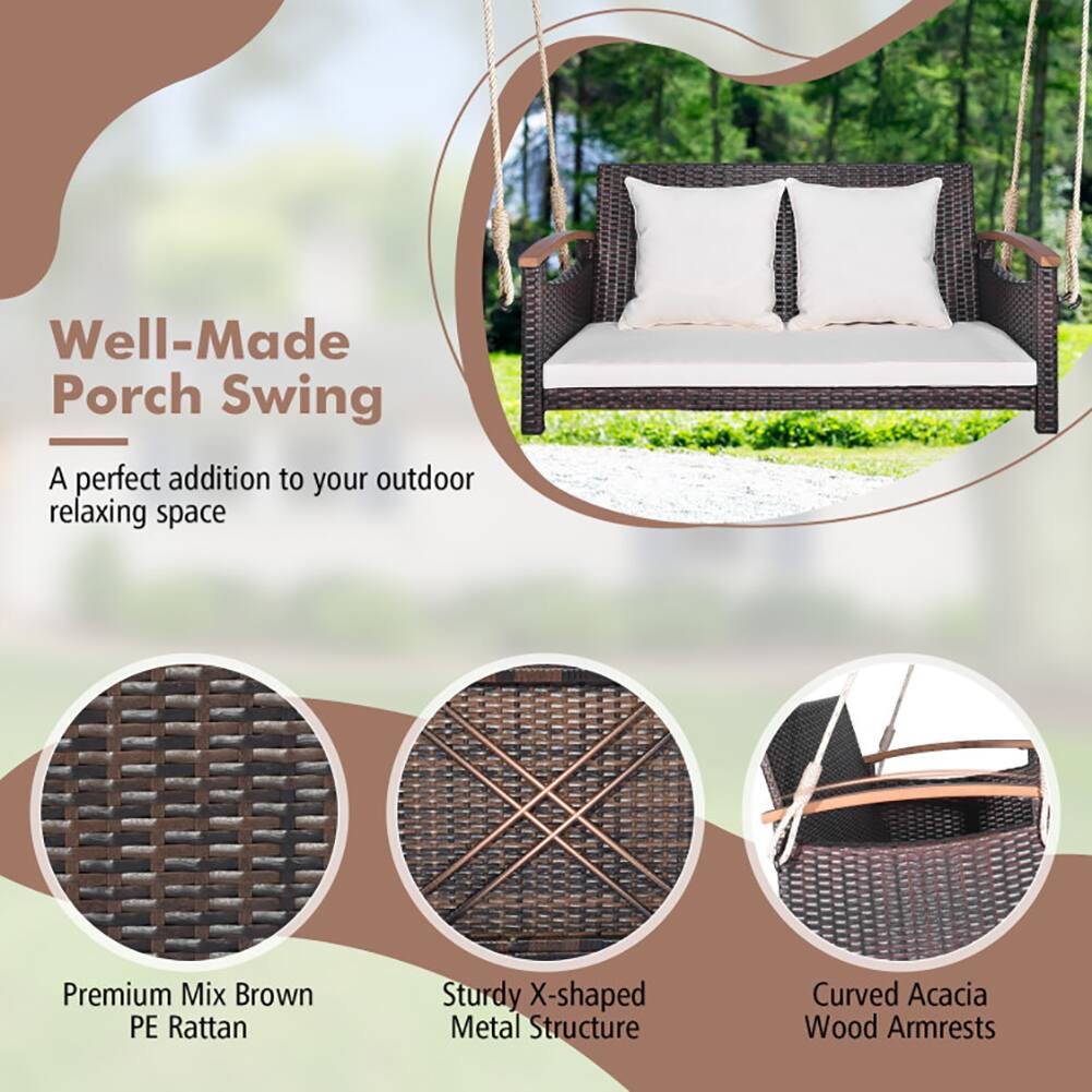 Well-Made Porch Swing  
A perfect addition to your outdoor relaxing space  

Premium Mix Brown PE Rattan  
Sturdy X-shaped Metal Structure  
Curved Acacia Wood Armrests