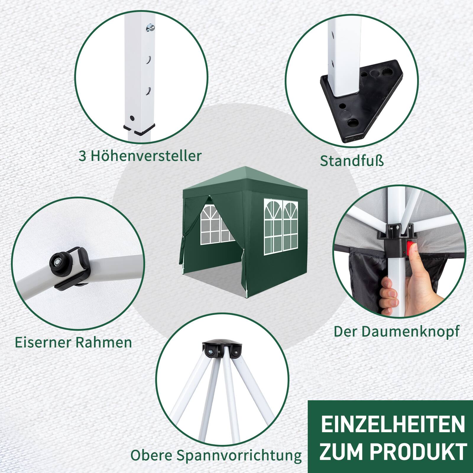 3 Höhenversteller  
Standfuß  
Eiserner Rahmen  
Der Daumenknopf  
Obere Spannvorrichtung  

EINZELHEITEN ZUM PRODUKT