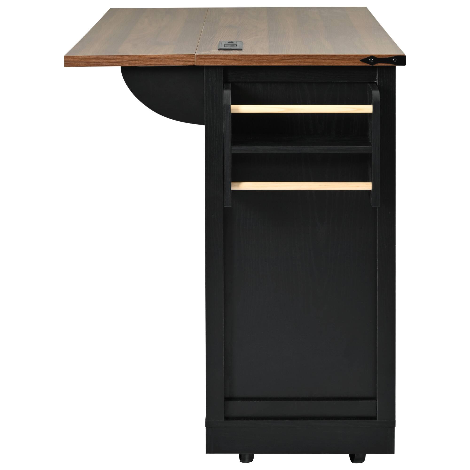 Alt View 6. ELEMENT ACE - Farmhouse Kitchen Island with Power Outlet, Drop Leaf, and Sliding Barn Doors for Versatile Storage - Black.